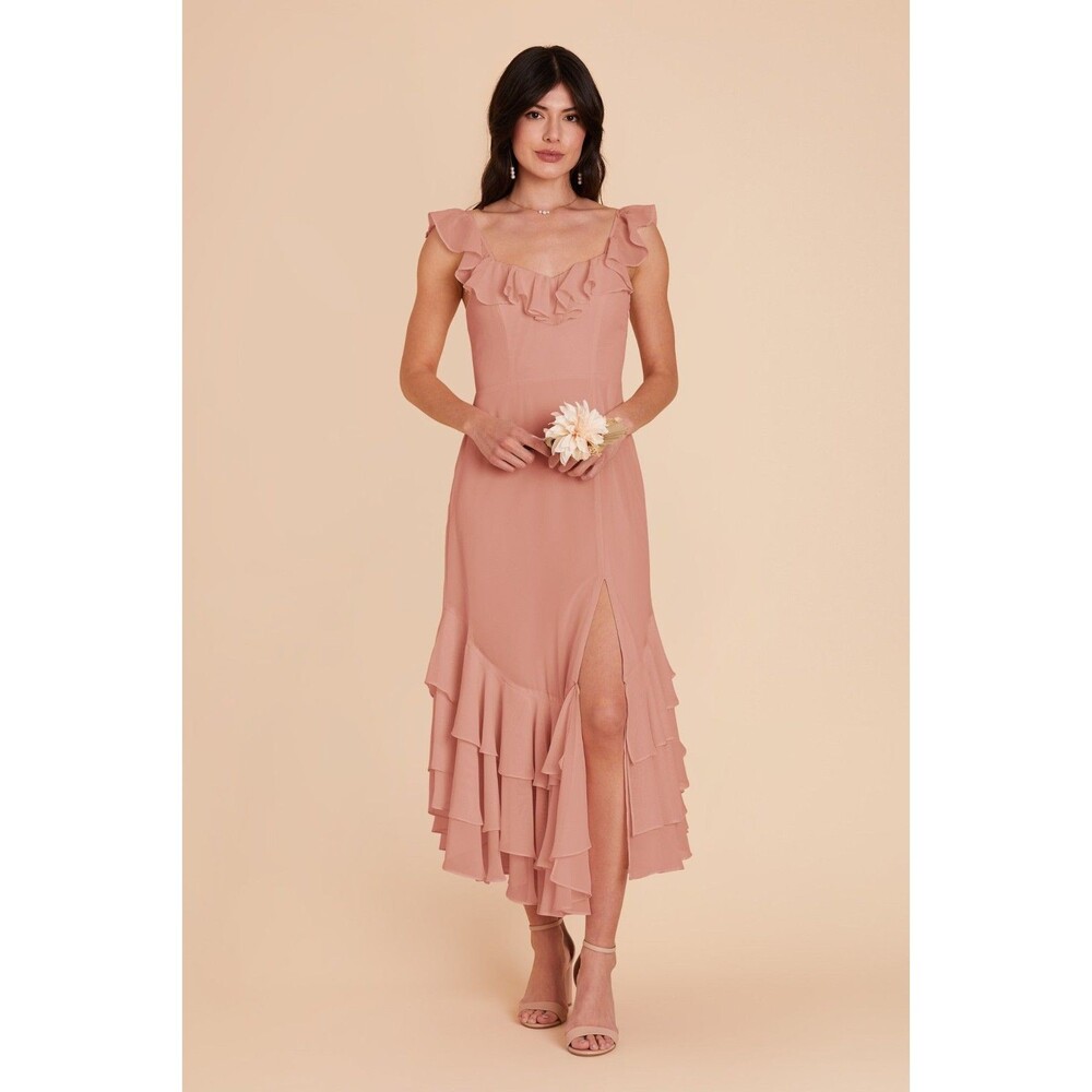 Birdy Grey Ginny Chiffon Bridesmaid High Low Dress XL Dusty Rose Pink Ruffled